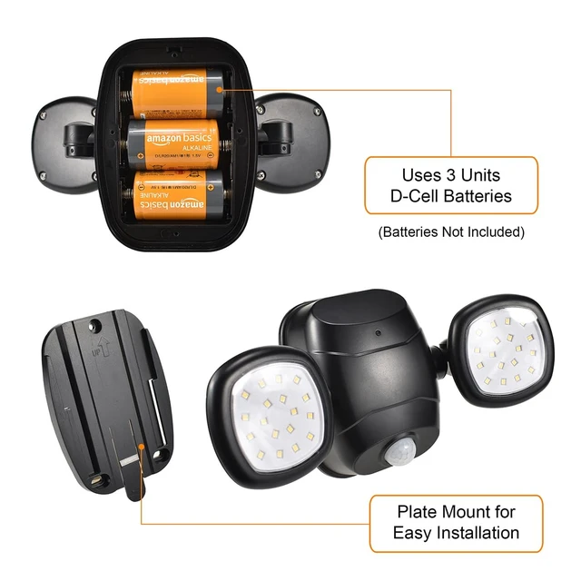 Alt view image 2 of 5 - YCB2060 Battery Operated Motion Lights Outdoor, 2-Head LED 5000K Daylight Motion Sensor Security Light for Garage, Yard, or Shed, Weatherproof Exterior Light, Black