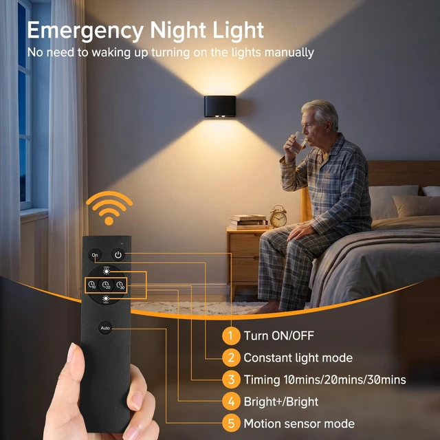 Alt view image 6 of 7 - Motion Sensor Wall Light with Remote Control, 5000mAh Rechargeable Wireless Wall Sconce Set of 2, Motion Sensor Night Light Adjustable Brightness & Angle, Up and Down Battery Powered Wall Lamps Indoor