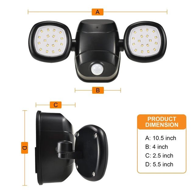 Alt view image 4 of 5 - YCB2060 Battery Operated Motion Lights Outdoor, 2-Head LED 5000K Daylight Motion Sensor Security Light for Garage, Yard, or Shed, Weatherproof Exterior Light, Black