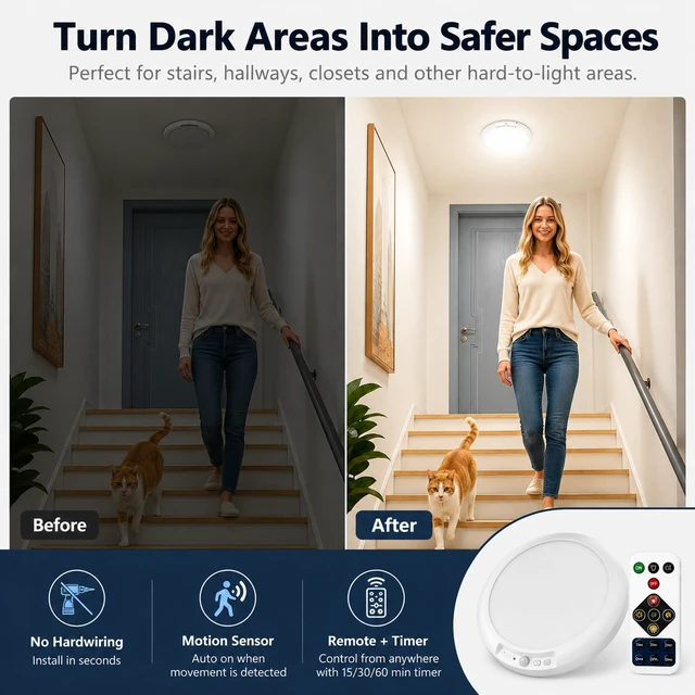 Alt view image 3 of 7 - 2 Pack Rechargeable Motion Sensor LED Ceiling Light with Remote, 3CCT Dimmable Magnetic Wireless LED Closet Light, 7.5in Battery Operated No Wiring Cordless Overhead Lighting for Kitchen Stair Hallway