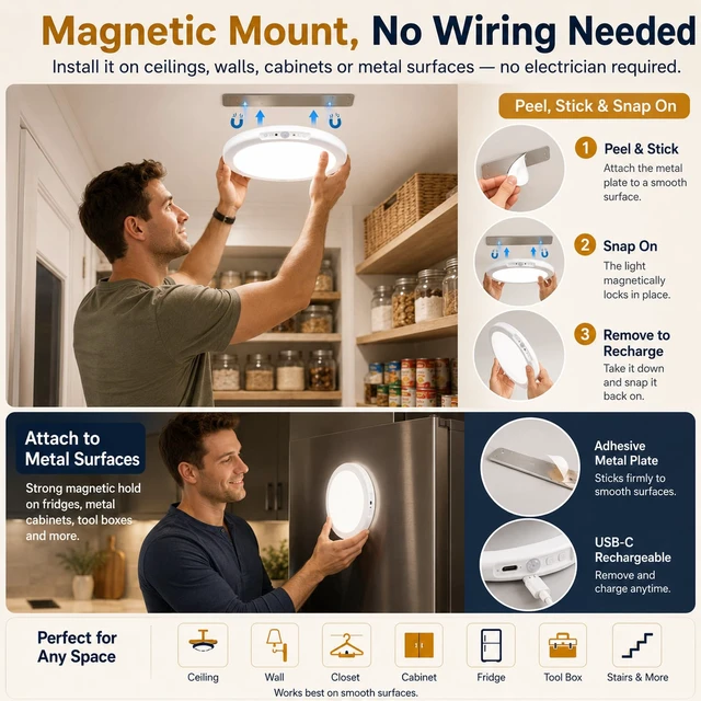 Alt view image 5 of 7 - 2 Pack Rechargeable Motion Sensor LED Ceiling Light with Remote, 3CCT Dimmable Magnetic Wireless LED Closet Light, 7.5in Battery Operated No Wiring Cordless Overhead Lighting for Kitchen Stair Hallway