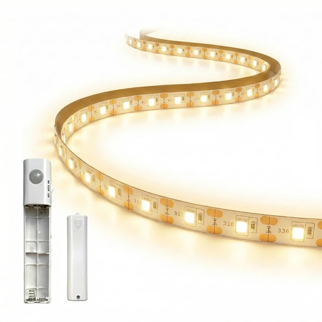 Main image of 6.5ft Motion Sensor LED Light Strip Battery Powered, Tool-Less Under Cabinet Lighting with Hook and Loop Battery Box, 3 Modes (Always-On/Motion/Off), Warm White 3000K for Gun Safe, Closet, Underbed