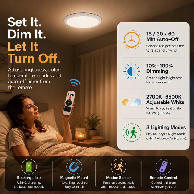Alt view image 6 of 7 - 2 Pack Rechargeable Motion Sensor LED Ceiling Light with Remote, 3CCT Dimmable Magnetic Wireless LED Closet Light, 7.5in Battery Operated No Wiring Cordless Overhead Lighting for Kitchen Stair Hallway