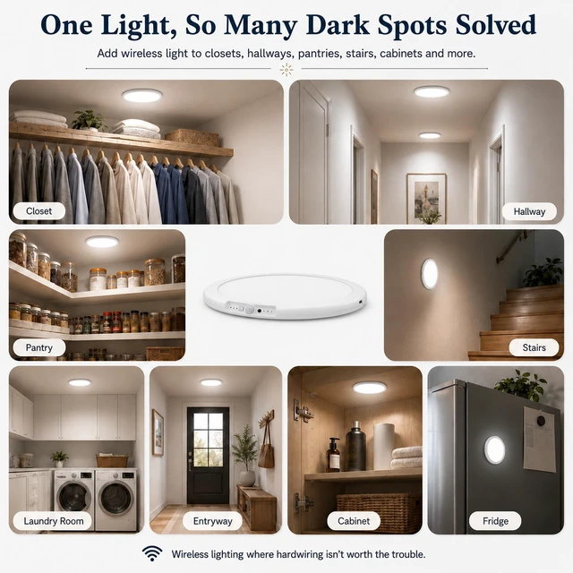 Alt view image 7 of 7 - 2 Pack Rechargeable Motion Sensor LED Ceiling Light with Remote, 3CCT Dimmable Magnetic Wireless LED Closet Light, 7.5in Battery Operated No Wiring Cordless Overhead Lighting for Kitchen Stair Hallway