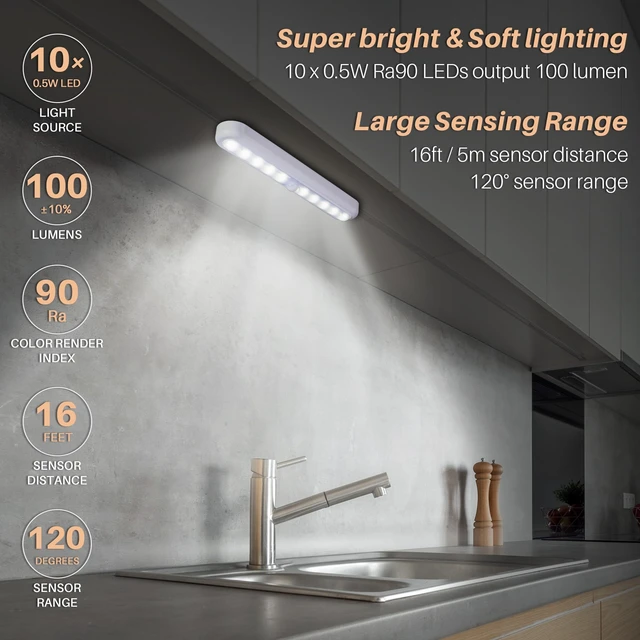 Alt view image 2 of 7 - 11 Motion Sensor Lights Indoor AA Battery, 2 Pack Cool White | Strong Adhesive Stick on LED Lamp High CRI, AA Battery Operated Powered, For Closet Stairs Under Cabinet Kitchen Pantry Shelf