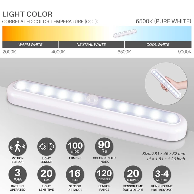 Alt view image 4 of 7 - 11 Motion Sensor Lights Indoor AA Battery, 2 Pack Cool White | Strong Adhesive Stick on LED Lamp High CRI, AA Battery Operated Powered, For Closet Stairs Under Cabinet Kitchen Pantry Shelf