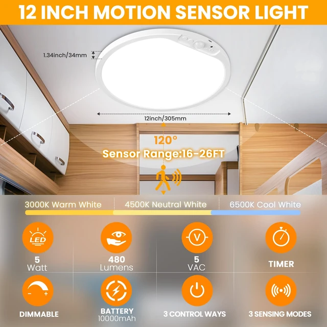 Alt view image 2 of 7 - 12 Inch Rechargeable Motion Sensor LED Ceiling Light with Remote | Flush Mount, Battery Operated, 3CCT Dimmable Closet Lights for Shower, Pantry, Laundry, Bathroom, Installation Required