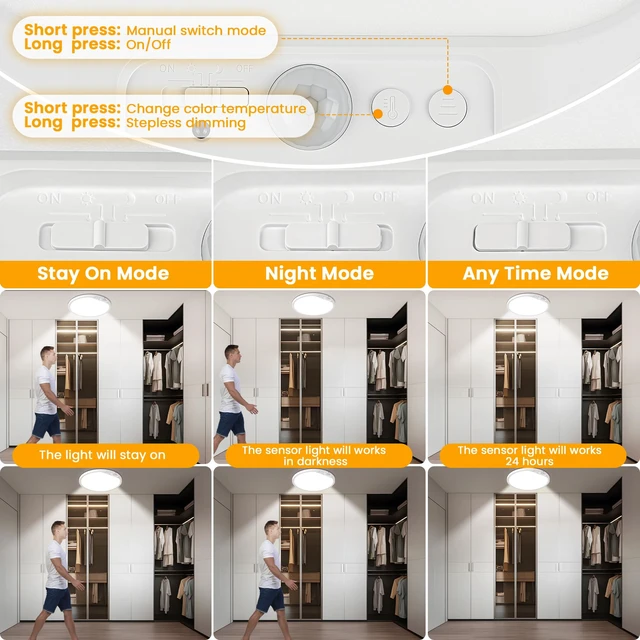 Alt view image 3 of 7 - 12 Inch Rechargeable Motion Sensor LED Ceiling Light with Remote | Flush Mount, Battery Operated, 3CCT Dimmable Closet Lights for Shower, Pantry, Laundry, Bathroom, Installation Required