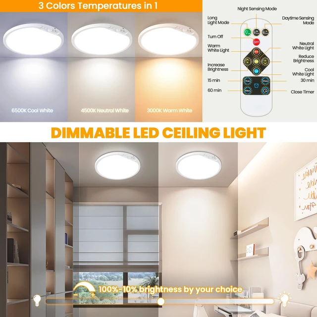 Alt view image 4 of 7 - 12 Inch Rechargeable Motion Sensor LED Ceiling Light with Remote | Flush Mount, Battery Operated, 3CCT Dimmable Closet Lights for Shower, Pantry, Laundry, Bathroom, Installation Required