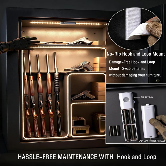 Alt view image 3 of 7 - 6.5ft Motion Sensor LED Light Strip Battery Powered, Tool-Less Under Cabinet Lighting with Hook and Loop Battery Box, 3 Modes (Always-On/Motion/Off), Warm White 3000K for Gun Safe, Closet, Underbed
