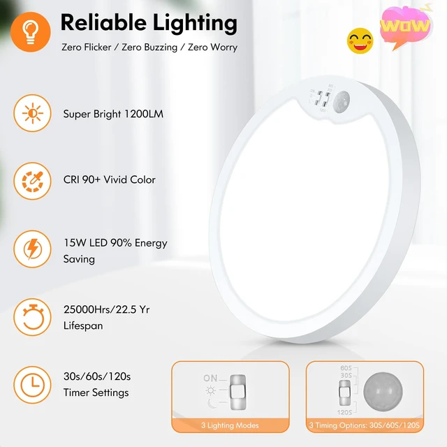 Alt view image 6 of 7 - 7 Inch Hardwired Motion Sensor Ceiling Light for Closet, Hallway | 2 Pack 2700K/4000K/6500K Non-Dimmable Motion Sensor Light Indoor with Timer, Low Profile LED Ceiling Light, Pantry, Activated