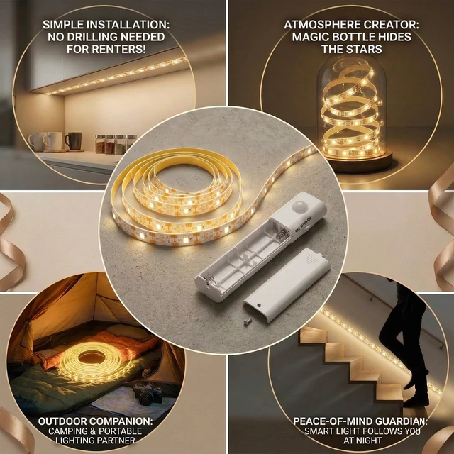 Alt view image 4 of 7 - 6.5ft Motion Sensor LED Light Strip Battery Powered, Tool-Less Under Cabinet Lighting with Hook and Loop Battery Box, 3 Modes (Always-On/Motion/Off), Warm White 3000K for Gun Safe, Closet, Underbed