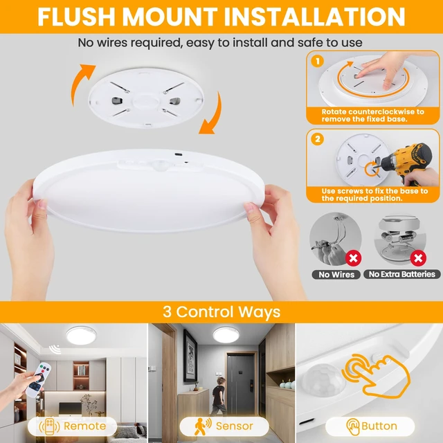 Alt view image 6 of 7 - 12 Inch Rechargeable Motion Sensor LED Ceiling Light with Remote | Flush Mount, Battery Operated, 3CCT Dimmable Closet Lights for Shower, Pantry, Laundry, Bathroom, Installation Required