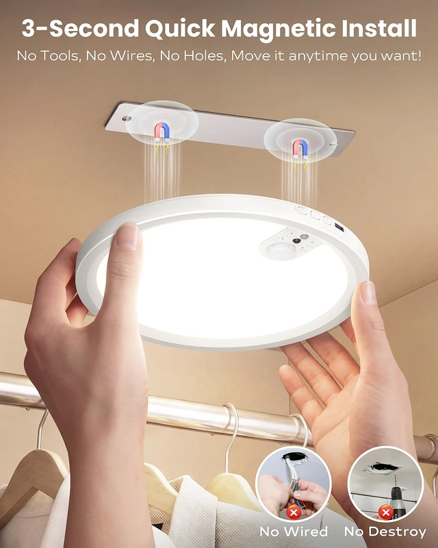 Alt view image 2 of 7 - Rechargeable Ceiling Lights Battery Operated with Upgraded LED Panel | 7000mAh Motion Sensor Ceiling with Remote Control, 3CCT Brightness Dimmable 30/60/120s Timer, Magnetic Wireless Installation