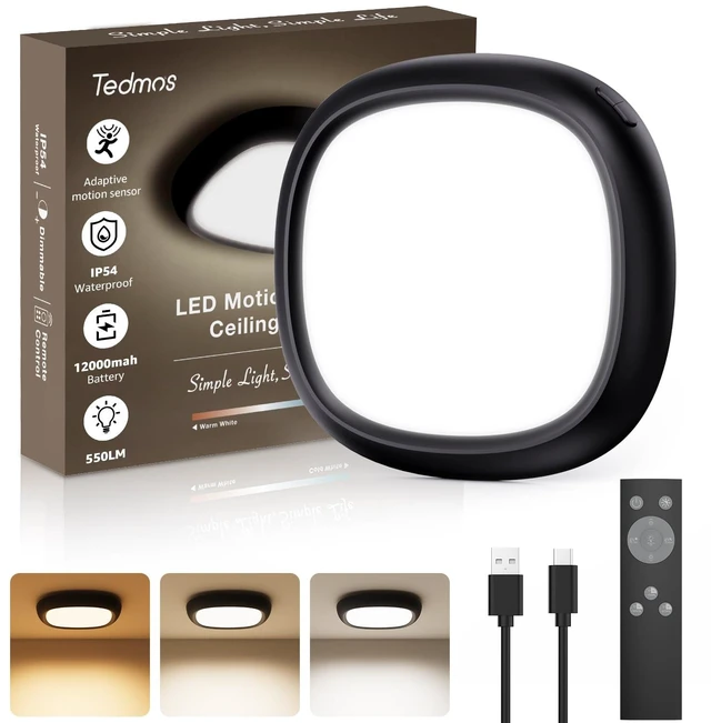Main image of IP54 Waterproof LED Shower Light, Wireless Ceiling Light with Remote | 12000mAh Battery Operated, No Wiring, Portable, USB Rechargeable Closet Overhead Lights for Bathroom Garage Hallway Pantry