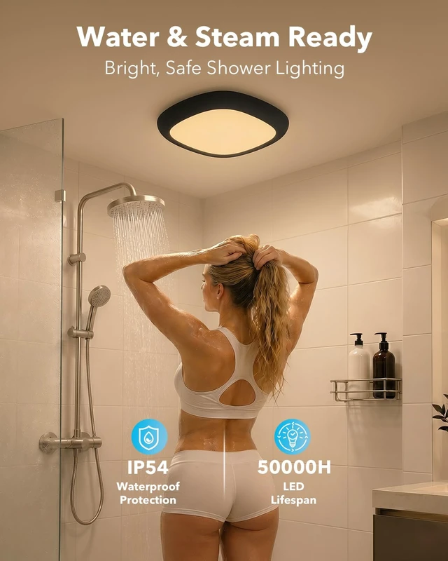 Alt view image 2 of 7 - IP54 Waterproof LED Shower Light, Wireless Ceiling Light with Remote | 12000mAh Battery Operated, No Wiring, Portable, USB Rechargeable Closet Overhead Lights for Bathroom Garage Hallway Pantry