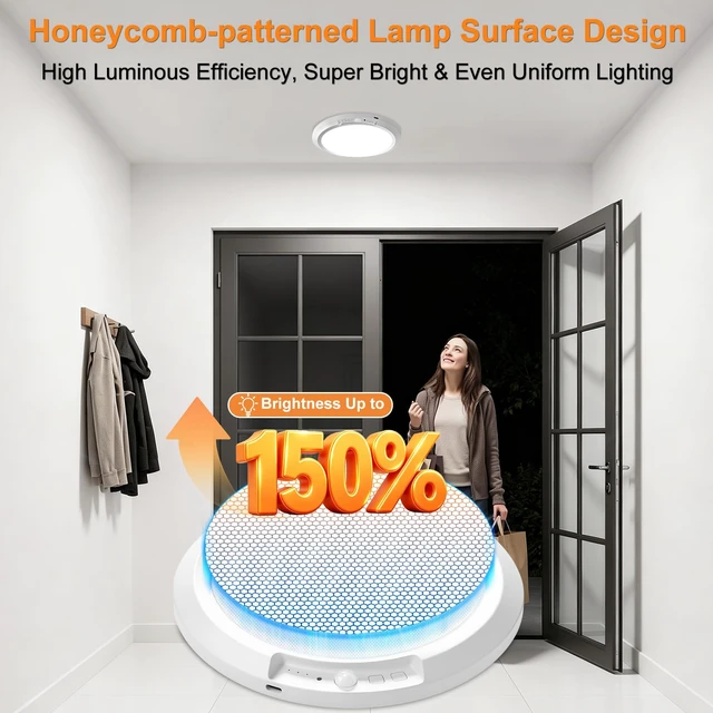 Alt view image 3 of 7 - 150% Brightness Rechargeable Motion Sensor Ceiling Light with Remote | Battery Operated Ceiling Light, Motion Sensor, Magnetic, Wireless, 10000mAh 3 Modes 3 CCT 10 Level Brightness, 1 Pack