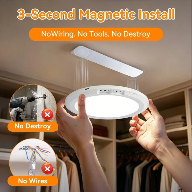 Alt view image 5 of 7 - 10000mAh Rechargeable Ceiling Light, Battery Operated Motion Sensor Closet Light with Remote, 3 Color Temperatures Dimmable Magnetic Mount for Closet Shower Hallway (1)