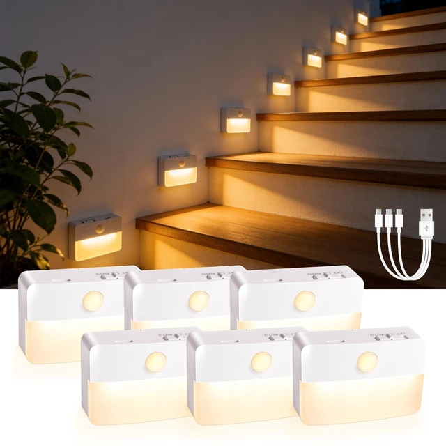 Main image of 6 Pack Rechargeable Stair Lights Indoor, Motion Sensor Night Light | Automatic Activated, Magnetic, Battery Operated LED Wireless Lamp for Step Toilet Hallway Under Cabinet Closet Wall