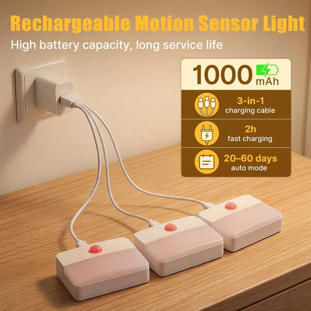 Alt view image 2 of 7 - 6 Pack Rechargeable Stair Lights Indoor, Motion Sensor Night Light | Automatic Activated, Magnetic, Battery Operated LED Wireless Lamp for Step Toilet Hallway Under Cabinet Closet Wall