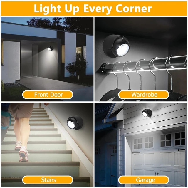 Alt view image 7 of 7 - Motion Sensor Outdoor Lights - Outdoor Motion Sensor Light Battery Operated Wireless Spotlight Motion Detector Security Light Auto On Off for Sheltered Porch Stair Hallway Garage Wall Shed (2 Pack)