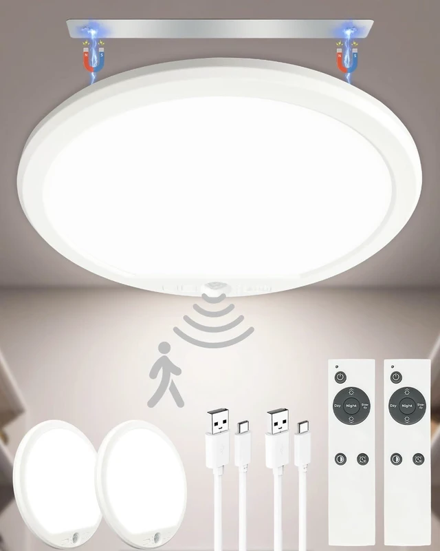 Main image of 2 Pack Rechargeable Motion Sensor Ceiling Lights for Hallway, Stairs(Round) | Magnetic Mount Dimmable Closet Light with Remote, 7000mAh Battery Operated, 3 Color Modes, Wireless Installation