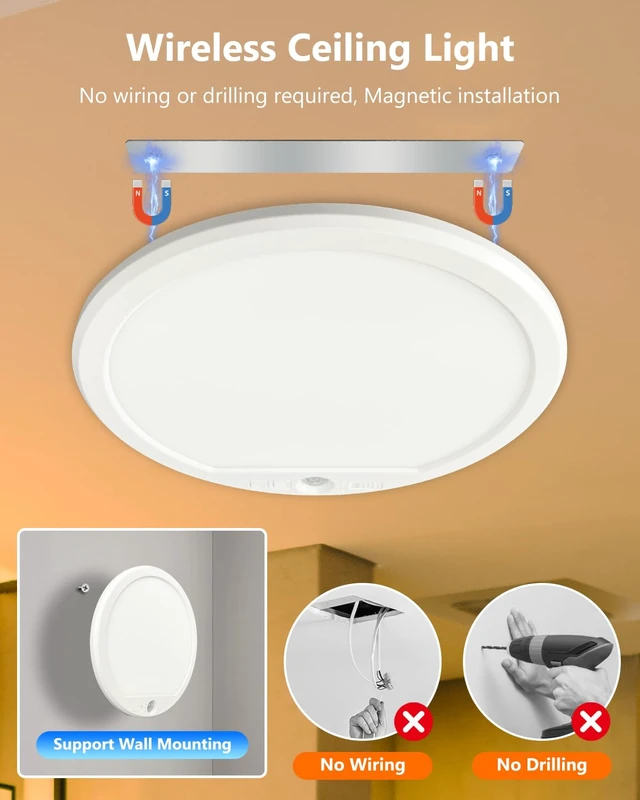 Alt view image 3 of 7 - 2 Pack Rechargeable Motion Sensor Ceiling Lights for Hallway, Stairs(Round) | Magnetic Mount Dimmable Closet Light with Remote, 7000mAh Battery Operated, 3 Color Modes, Wireless Installation
