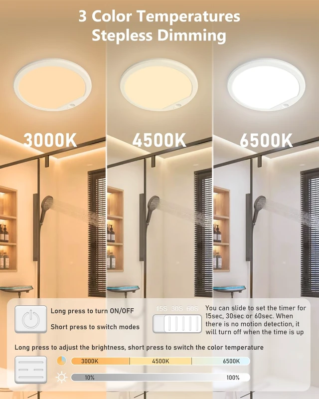 Alt view image 5 of 7 - 2 Pack Rechargeable Motion Sensor Ceiling Lights for Hallway, Stairs(Round) | Magnetic Mount Dimmable Closet Light with Remote, 7000mAh Battery Operated, 3 Color Modes, Wireless Installation