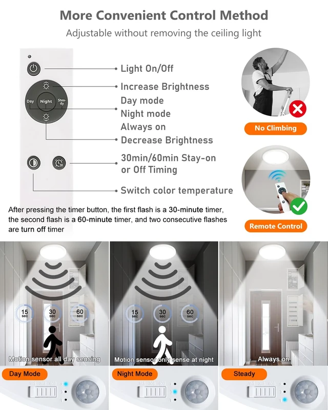 Alt view image 6 of 7 - 2 Pack Rechargeable Motion Sensor Ceiling Lights for Hallway, Stairs(Round) | Magnetic Mount Dimmable Closet Light with Remote, 7000mAh Battery Operated, 3 Color Modes, Wireless Installation