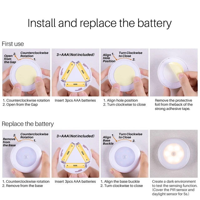 Alt view image 5 of 7 - 2.8 LED Motion Sensor Lights Indoor AAA Battery, 3 Pack Warm | Stick on Puck Light Battery Powered, Round Motion Activated Night Lamps, For Closet Stairs Under Cabinet Kitchen Pantry Shelf