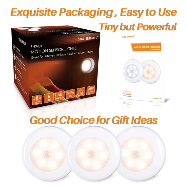Alt view image 6 of 7 - 2.8 LED Motion Sensor Lights Indoor AAA Battery, 3 Pack Warm | Stick on Puck Light Battery Powered, Round Motion Activated Night Lamps, For Closet Stairs Under Cabinet Kitchen Pantry Shelf