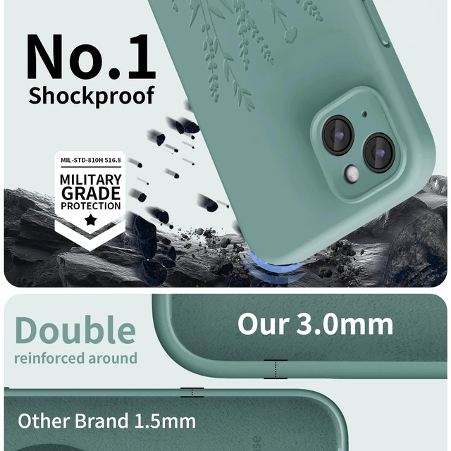 Alt view image 2 of 7 - Engraved for iPhone 15 Case, Midnight Green Flower | Engraved Flower, Premium Liquid Silicone, Camera All-Round Protection, Anti-Scratch Microfiber Lining, For Women Girls