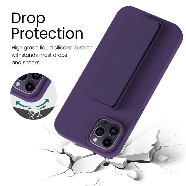 Alt view image 2 of 7 - Silicone Kickstand Case Compatible with iPhone 14 Pro, Vertical and Horizontal Stand Hand Strap Metal Kickstand Cover, Flexible Soft Liquid Silicone Stand Case for iPhone 14 Pro (Deep Purple)