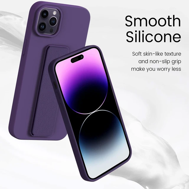 Alt view image 3 of 7 - Silicone Kickstand Case Compatible with iPhone 14 Pro, Vertical and Horizontal Stand Hand Strap Metal Kickstand Cover, Flexible Soft Liquid Silicone Stand Case for iPhone 14 Pro (Deep Purple)