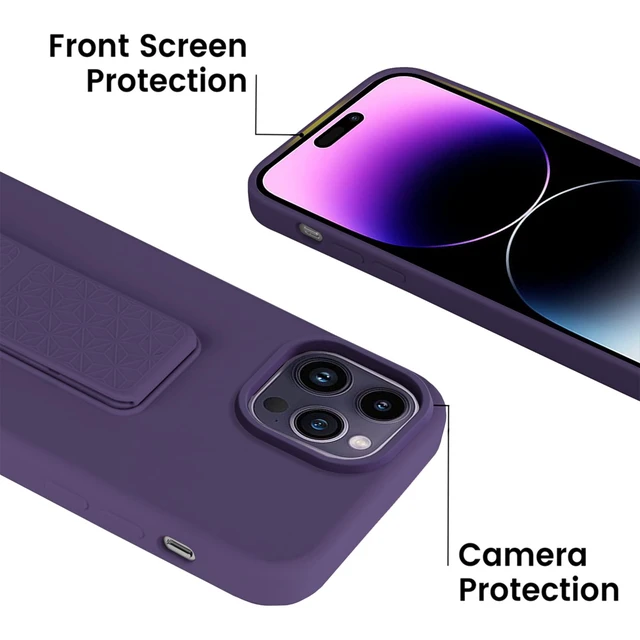 Alt view image 4 of 7 - Silicone Kickstand Case Compatible with iPhone 14 Pro, Vertical and Horizontal Stand Hand Strap Metal Kickstand Cover, Flexible Soft Liquid Silicone Stand Case for iPhone 14 Pro (Deep Purple)