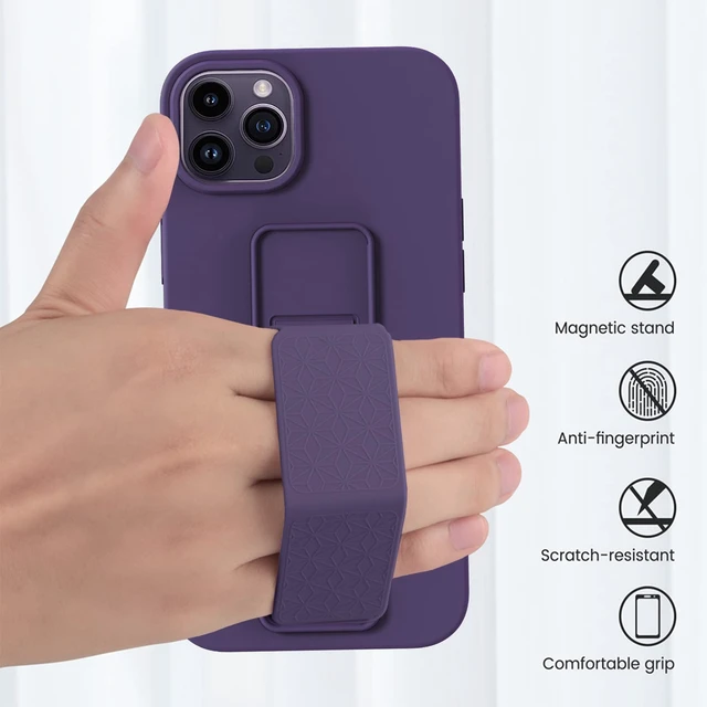 Alt view image 6 of 7 - Silicone Kickstand Case Compatible with iPhone 14 Pro, Vertical and Horizontal Stand Hand Strap Metal Kickstand Cover, Flexible Soft Liquid Silicone Stand Case for iPhone 14 Pro (Deep Purple)