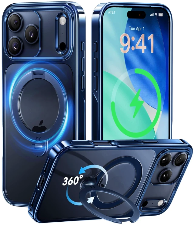 Main image of Deep Blue for iPhone 17 Pro Max Case with 360 Spin Magnetic Stand | Fit for MagSafe, 17FT Military Protection, Slim Polished Frame Titanium Alloy Sturdy Stand 6.9", Glossy Deep Blue