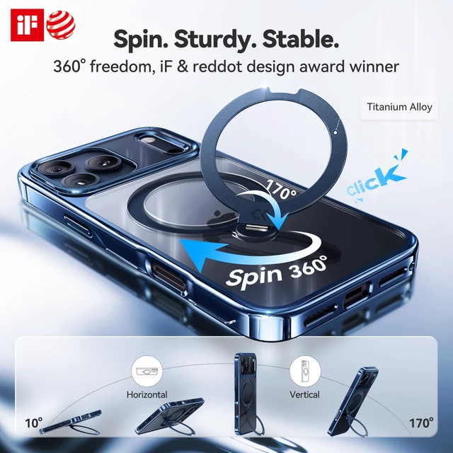 Alt view image 3 of 7 - Deep Blue for iPhone 17 Pro Max Case with 360 Spin Magnetic Stand | Fit for MagSafe, 17FT Military Protection, Slim Polished Frame Titanium Alloy Sturdy Stand 6.9", Glossy Deep Blue