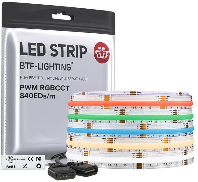 Main image of 16.4FT RGBCCT COB LED Strip Light, DC24V Color Changing | UL Listed 840LED/m RGB+Tunable White 3000K-6000K 12mm Width Flexible LED Strip for Home Lighting(No Adapter or Controller)