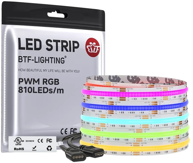 Main image of 16.4FT UL Listed RGB COB LED Strip DC12V Color Changing Light | 810LED/m High Density Multicolor Flexible Tape Light, 10mm Width 3M Tape for Home Indoor DIY Decor(No Adapter or Controller)