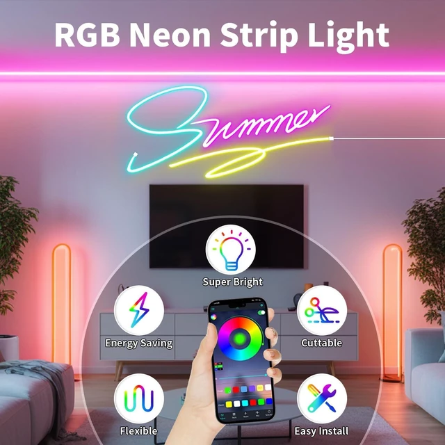 Alt view image 3 of 7 - RGB Neon LED Strip Lights 16.4FT 12V Flexible LED Rope Lights | IP65 Waterproof Color Changing Neon LED Lights Strip Multiple Modes Control with APP & Remote, Silicone LED Strip for Bedroom