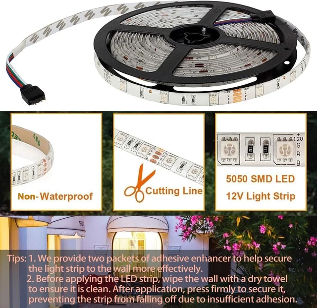 Alt view image 4 of 7 - RGB LED Strip Lights with Remote Controller & Power Supply | Color Changing, 16.4Ft SMD5050 300LEDs, Flexible, Cuttable, 44-key IR Remote, 12V Power Adapter, for Bedroom TV Backlight