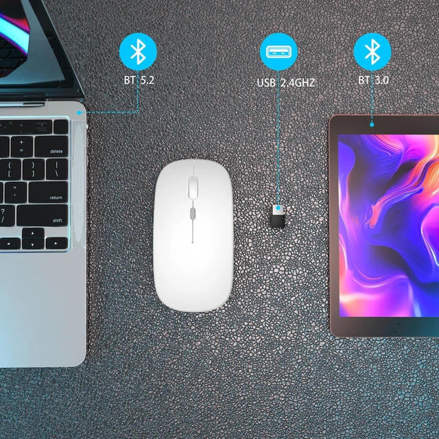 Alt view image 5 of 7 - Wireless Bluetooth Mouse, Rechargeable Dual Mode Mouse,Bright White | BT 5.2 & 2.4G USB Receiver, 3 Adjustable DPI,LED Lights,Slim,Silent,Portable Computer Mouse for Laptop,PC,MacBook,iPad,Tablet