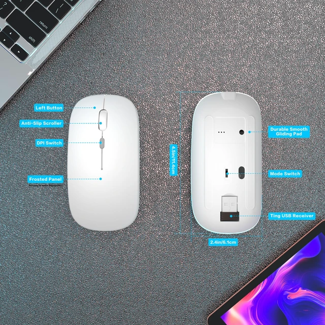 Alt view image 7 of 7 - Wireless Bluetooth Mouse, Rechargeable Dual Mode Mouse,Bright White | BT 5.2 & 2.4G USB Receiver, 3 Adjustable DPI,LED Lights,Slim,Silent,Portable Computer Mouse for Laptop,PC,MacBook,iPad,Tablet