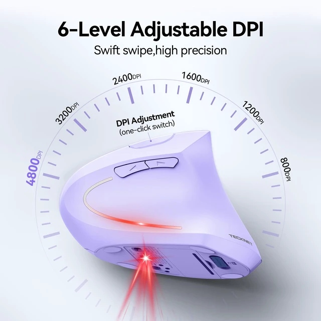 Alt view image 3 of 7 - Ergonomic Mouse, 4800 DPI Wireless Bluetooth Vertical, 3-Device | Switch Among 3 Devices, 6 DPI Levels, BT 5.0/2.4G USB-A, Quiet Clicks, 6 Buttons, Battery-Powered, Right-Handed, Purple