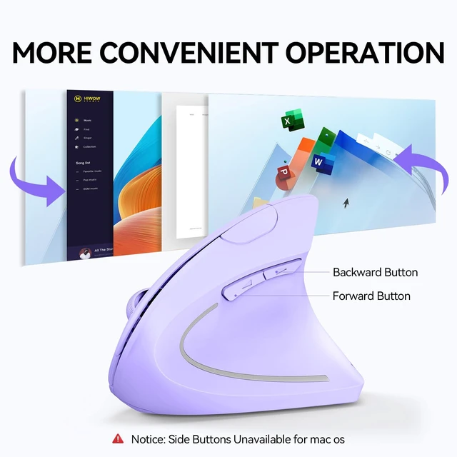 Alt view image 7 of 7 - Ergonomic Mouse, 4800 DPI Wireless Bluetooth Vertical, 3-Device | Switch Among 3 Devices, 6 DPI Levels, BT 5.0/2.4G USB-A, Quiet Clicks, 6 Buttons, Battery-Powered, Right-Handed, Purple