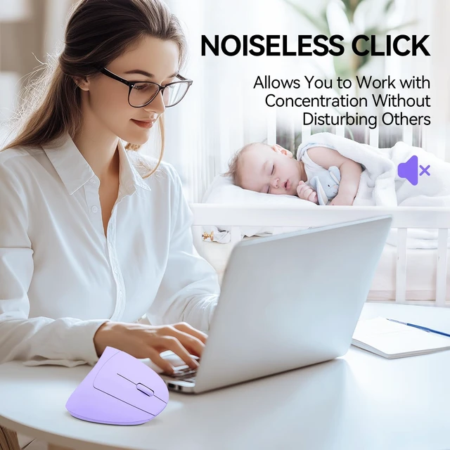 Alt view image 6 of 7 - Ergonomic Mouse, 4800 DPI Wireless Bluetooth Vertical, 3-Device | Switch Among 3 Devices, 6 DPI Levels, BT 5.0/2.4G USB-A, Quiet Clicks, 6 Buttons, Battery-Powered, Right-Handed, Purple