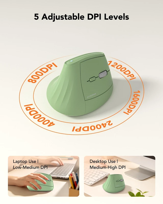 Alt view image 4 of 7 - Ergonomic Mouse Wireless, Bluetooth Vertical Mouse, 5-Level Adjustable DPI, 2.4G Silent Switch Mice for Windows, MacOS, IPadOS, Laptop, PC, Olive Green
