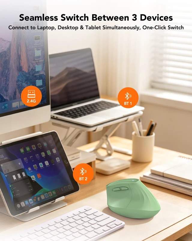 Alt view image 5 of 7 - Ergonomic Mouse Wireless, Bluetooth Vertical Mouse, 5-Level Adjustable DPI, 2.4G Silent Switch Mice for Windows, MacOS, IPadOS, Laptop, PC, Olive Green