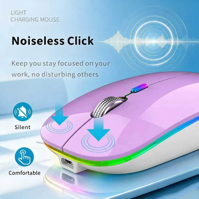 Alt view image 2 of 7 - LED Wireless Mouse, G12 Slim Rechargeable Silent Mouse - Purple | 2.4GHz Optical, USB C Charging, Quiet Click, LED, Portable, 1600DPI, USB Receiver, Type C Adapter, Cordless, for Laptop/Mac